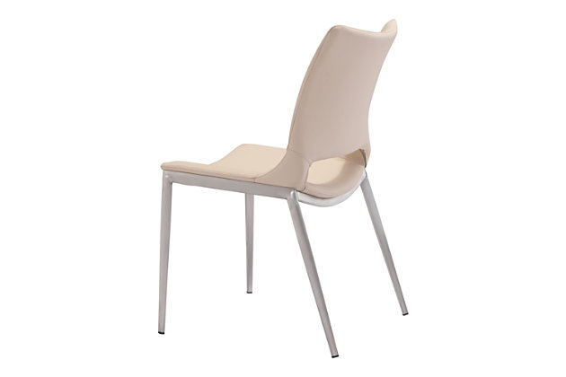This sleek armless dining chair lets you sit back and relax in comfort. Its perfectly pitched back cradles you, while the sturdy steel frame supports your every move. The faux leather seat is beautiy stitched, adding a designer detail to a simple profile. Protective plastic feet will keep your floors from scratching. Gorgeous around your table or serving as your desk chair.Set of 2 | Brushed stainless steel legs | Protective plastic feet | Faux leather seat | Assembly required