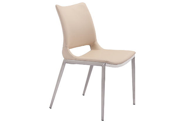 This sleek armless dining chair lets you sit back and relax in comfort. Its perfectly pitched back cradles you, while the sturdy steel frame supports your every move. The faux leather seat is beautifully stitched, adding a designer detail to a simple profile. Protective plastic feet will keep your floors from scratching. Gorgeous around your table or serving as your desk chair.Set of 2 | Brushed stainless steel legs | Protective plastic feet | Faux leather seat | Assembly required