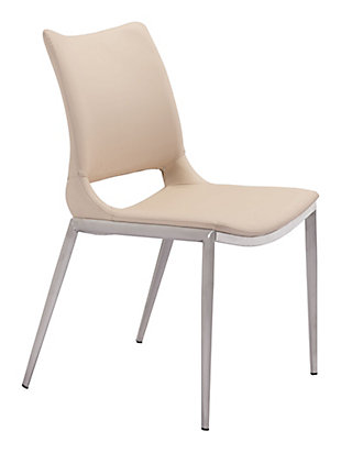 This sleek armless dining chair lets you sit back and relax in comfort. Its perfectly pitched back cradles you, while the sturdy steel frame supports your every move. The faux leather seat is beautifully stitched, adding a designer detail to a simple profile. Protective plastic feet will keep your floors from scratching. Gorgeous around your table or serving as your desk chair.Set of 2 | Brushed stainless steel legs | Protective plastic feet | Faux leather seat | Assembly required