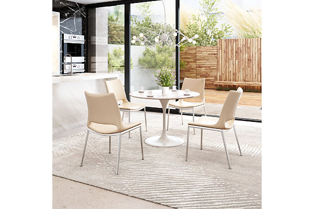 This sleek armless dining chair lets you sit back and relax in comfort. Its perfectly pitched back cradles you, while the sturdy steel frame supports your every move. The faux leather seat is beautiy stitched, adding a designer detail to a simple profile. Protective plastic feet will keep your floors from scratching. Gorgeous around your table or serving as your desk chair.Set of 2 | Brushed stainless steel legs | Protective plastic feet | Faux leather seat | Assembly required