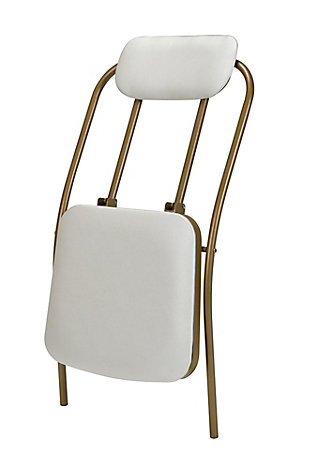 A big advantage for space living, this fabulous set of folding chairs works so beautiy in any area of your home. Streamlined design, high-gloss goldtone finish and white faux leather upholstery create a visually stunning impression. Smart design means you can easily fold it and store it when not in use.Set of 2 | Steel frame with goldtone finish | Padded back and seat with white vinyl (faux leather) upholstery | Foldable design for easy storage | No assembly required