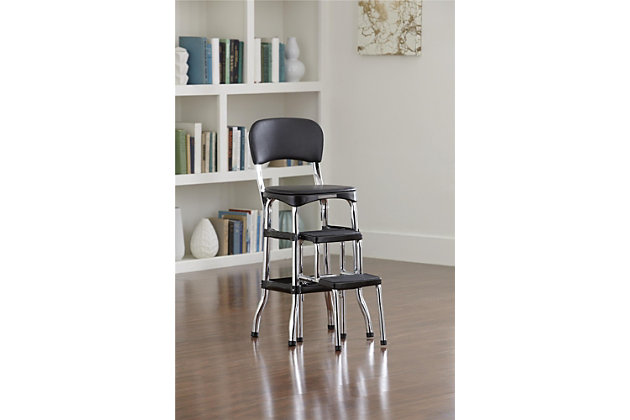 Here's a chair that rises to the occasion. It is modern-meets-retro with chrome-tone accents, pull out steps and a padded seat and back. Black faux leather upholstery enhances the appeal. This versatile bar stool does double duty as a step stool making it a handy helper in the kitchen or entertainment room.Steel frame with chrome-tone finish | Padded back and seat with black vinyl (faux leather) upholstery | Counter-height design creates extra seating at breakfast bar or bistro table | Non-marring leg tips protect flooring and guard against slipping | Steps pull out for easy access | Weight capacity of 225 lbs | Assembly required