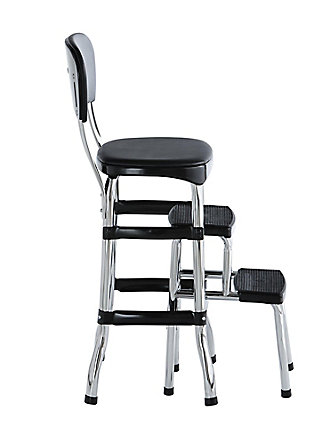Here's a chair that rises to the occasion. It is modern-meets-retro with chrome-tone accents, pull out steps and a padded seat and back. Black faux leather upholstery enhances the appeal. This versatile bar stool does double duty as a step stool ma it a handy helper in the kitchen or entertainment room.Steel frame with chrome-tone finish | Padded back and seat with black vinyl (faux leather) upholstery | Counter-height design creates extra seating at breakfast bar or bistro table | Non-marring leg tips protect flooring and guard against slipping | Steps pull out for easy access | Weight capacity of 225 lbs | Assembly required