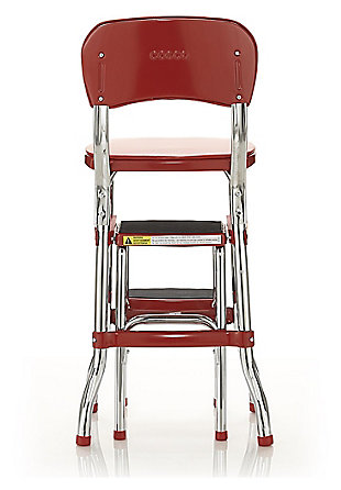 Here's a chair that rises to the occasion. It is modern-meets-retro with chrome-tone accents, pull out steps and a padded seat and back. Rocket red faux leather upholstery enhances the nostalgia. This versatile bar stool does double duty as a step stool making it a handy helper in the kitchen or entertainment room.Steel frame with chrome-tone finish | Padded back and seat with red vinyl (faux leather) upholstery | Counter-height design creates extra seating at breakfast bar or bistro table | Non-marring leg tips protect flooring and guard against slipping | Steps pull out for easy access | Weight capacity of 225 lbs | Assembly required