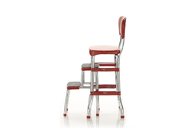 Here's a chair that rises to the occasion. It is modern-meets-retro with chrome-tone accents, pull out steps and a padded seat and back. Rocket red faux leather upholstery enhances the nostalgia. This versatile bar stool does double duty as a step stool making it a handy helper in the kitchen or entertainment room.Steel frame with chrome-tone finish | Padded back and seat with red vinyl (faux leather) upholstery | Counter-height design creates extra seating at breakfast bar or bistro table | Non-marring leg tips protect flooring and guard against slipping | Steps pull out for easy access | Weight capacity of 225 lbs | Assembly required