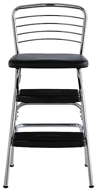 Here's a chair that rises to the occasion. It is modern-meets-retro with chrome-tone accents, pull out steps and a flip-up seat. Black faux leather upholstery enhances the nostalgia. This versatile bar stool does double duty as a step stool ma it a handy helper in the kitchen or entertainment room.Steel frame with chrome-tone finish | Padded flip-up seat with black vinyl (faux leather) upholstery | Counter-height design creates extra seating at breakfast bar or bistro table | Non-marring leg tips protect flooring and guard against slipping | Weight capacity of 225 lbs | Assembly required