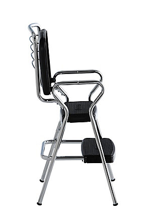 Here's a chair that rises to the occasion. It is modern-meets-retro with chrome-tone accents, pull out steps and a flip-up seat. Black faux leather upholstery enhances the nostalgia. This versatile bar stool does double duty as a step stool ma it a handy helper in the kitchen or entertainment room.Steel frame with chrome-tone finish | Padded flip-up seat with black vinyl (faux leather) upholstery | Counter-height design creates extra seating at breakfast bar or bistro table | Non-marring leg tips protect flooring and guard against slipping | Weight capacity of 225 lbs | Assembly required