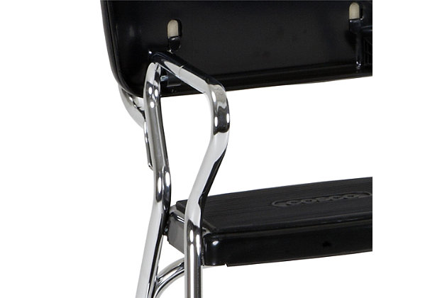 Here's a chair that rises to the occasion. It is modern-meets-retro with chrome-tone accents, pull out steps and a flip-up seat. Black faux leather upholstery enhances the nostalgia. This versatile bar stool does double duty as a step stool making it a handy helper in the kitchen or entertainment room.Steel frame with chrome-tone finish | Padded flip-up seat with black vinyl (faux leather) upholstery | Counter-height design creates extra seating at breakfast bar or bistro table | Non-marring leg tips protect flooring and guard against slipping | Weight capacity of 225 lbs | Assembly required