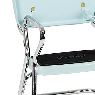 Here's a chair that rises to the occasion. It is modern-meets-retro with chrome-tone accents, pull out steps and a flip-up seat. Teal faux leather upholstery enhances the nostalgia. This versatile bar stool does double duty as a step stool making it a handy helper in the kitchen or entertainment room.Steel frame with chrome-tone finish | Padded flip-up seat with teal vinyl (faux leather) upholstery | Counter-height design creates extra seating at breakfast bar or bistro table | Non-marring leg tips protect flooring and guard against slipping | Weight capacity of 225 lbs | Assembly required