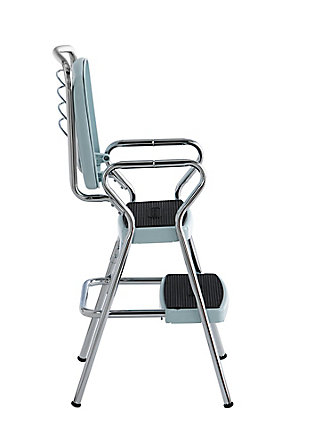 Here's a chair that rises to the occasion. It is modern-meets-retro with chrome-tone accents, pull out steps and a flip-up seat. Teal faux leather upholstery enhances the nostalgia. This versatile bar stool does double duty as a step stool making it a handy helper in the kitchen or entertainment room.Steel frame with chrome-tone finish | Padded flip-up seat with teal vinyl (faux leather) upholstery | Counter-height design creates extra seating at breakfast bar or bistro table | Non-marring leg tips protect flooring and guard against slipping | Weight capacity of 225 lbs | Assembly required