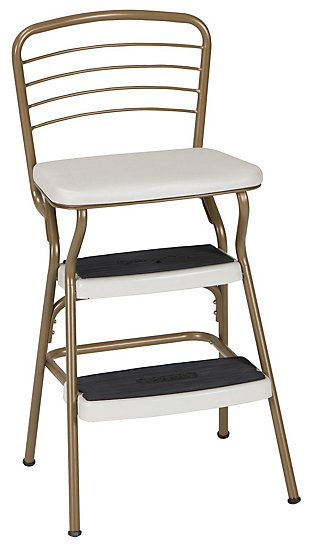 Here's a chair that rises to the occasion. It is modern-meets-retro with goldtone accents, pull out steps and a flip-up seat. Cream faux leather upholstery enhances the nostalgia. This versatile bar stool does double duty as a step stool making it a handy helper in the kitchen or entertainment room.Steel frame with goldtone finish | Padded flip-up seat with cream vinyl (faux leather) upholstery | Counter-height design creates extra seating at breakfast bar or bistro table | Non-marring leg tips protect flooring and guard against slipping | Weight capacity of 225 lbs | Assembly required