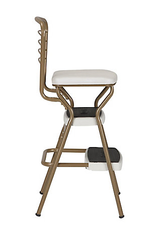 Here's a chair that rises to the occasion. It is modern-meets-retro with goldtone accents, pull out steps and a flip-up seat. Cream faux leather upholstery enhances the nostalgia. This versatile bar stool does double duty as a step stool making it a handy helper in the kitchen or entertainment room.Steel frame with goldtone finish | Padded flip-up seat with cream vinyl (faux leather) upholstery | Counter-height design creates extra seating at breakfast bar or bistro table | Non-marring leg tips protect flooring and guard against slipping | Weight capacity of 225 lbs | Assembly required
