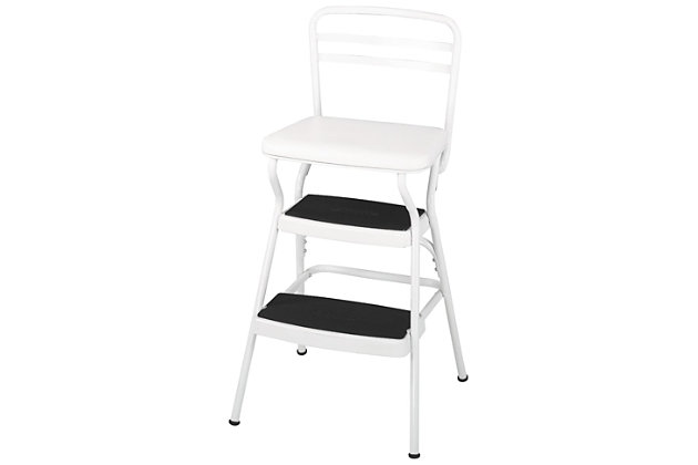 Here's a chair that rises to the occasion. It is modern-meets-retro with bright white accents, pull out steps and a flip-up seat. White faux leather upholstery enhances the nostalgia. This versatile bar stool does double duty as a step stool making it a handy helper in the kitchen or entertainment room.Steel frame with white finish | Padded flip-up seat with white vinyl (faux leather) upholstery | Counter-height design creates extra seating at breakfast bar or bistro table | Non-marring leg tips protect flooring and guard against slipping | Weight capacity of 225 lbs | Assembly required