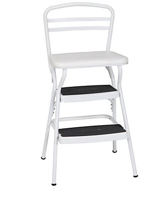 Here's a chair that rises to the occasion. It is modern-meets-retro with bright white accents, pull out steps and a flip-up seat. White faux leather upholstery enhances the nostalgia. This versatile bar stool does double duty as a step stool making it a handy helper in the kitchen or entertainment room.Steel frame with white finish | Padded flip-up seat with white vinyl (faux leather) upholstery | Counter-height design creates extra seating at breakfast bar or bistro table | Non-marring leg tips protect flooring and guard against slipping | Weight capacity of 225 lbs | Assembly required