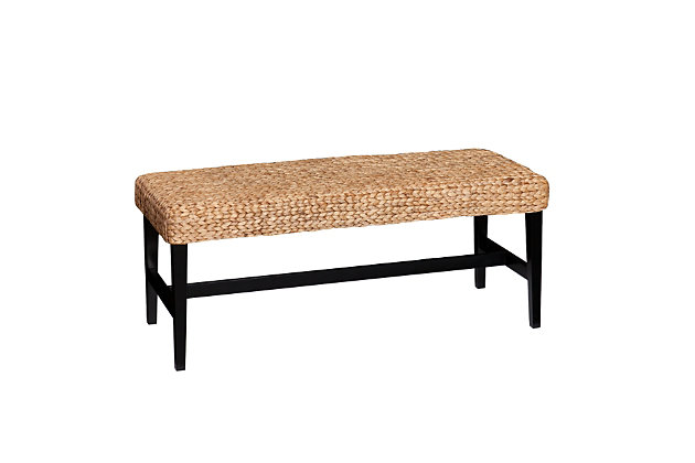 Bring a touch of coastal chic flair to your home with this casually cool bench. It entices with a seat cushioned covered with naturally woven water hyacinth. Sleek and sturdy black base strikes a clean, contemporary profile. Whether in the entry, in front of your vanity or serving as a coffee table alternative in your living room, what an inspired choice.Solid wood/engineered wood frame in black finish | Natural water hyacinth seat | Foam cushioned for comfort | For indoor use only | Supports up to 250 lbs. | Assembly required | Assembly time frame is 15 to 30 min.