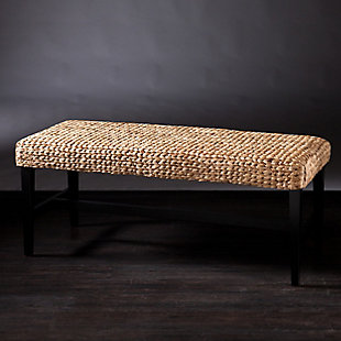 Bring a touch of coastal chic flair to your home with this casually cool bench. It entices with a seat cushioned covered with naturally woven water hyacinth. Sleek and sturdy black base strikes a clean, contemporary profile. Whether in the entry, in front of your vanity or serving as a coffee table alternative in your living room, what an inspired choice.Solid wood/engineered wood frame in black finish | Natural water hyacinth seat | Foam cushioned for comfort | For indoor use only | Supports up to 250 lbs. | Assembly required | Assembly time frame is 15 to 30 min.