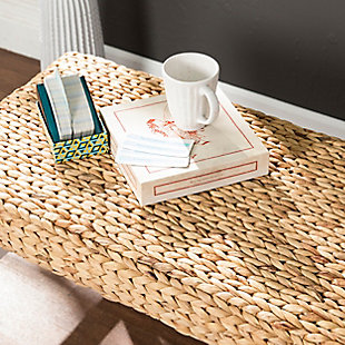Bring a touch of coastal chic flair to your home with this casually cool bench. It entices with a seat cushioned covered with naturally woven water hyacinth. Sleek and sturdy white base strikes a clean, contemporary profile. Whether in the entry, in front of your vanity or serving as a coffee table alternative in your living room, what an inspired choice.Solid wood/engineered wood frame in white finish | Natural water hyacinth seat | Foam cushioned for comfort | For indoor use only | Supports up to 250 lbs. | Assembly required | Assembly time frame is 15 to 30 min.