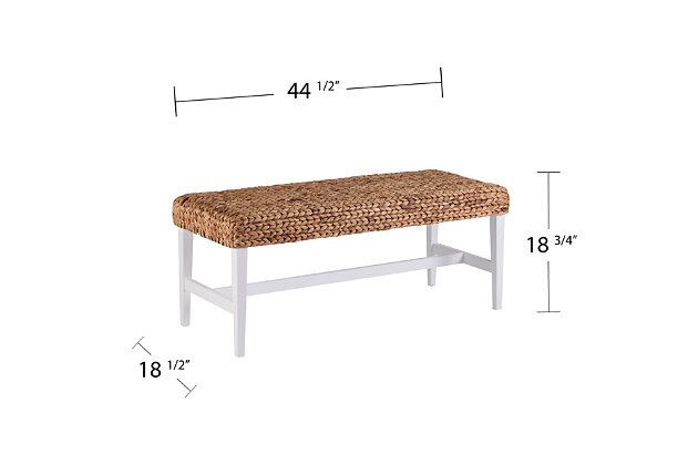 Bring a touch of coastal chic flair to your home with this casually cool bench. It entices with a seat cushioned covered with naturally woven water hyacinth. Sleek and sturdy white base strikes a clean, contemporary profile. Whether in the entry, in front of your vanity or serving as a coffee table alternative in your living room, what an inspired choice.Solid wood/engineered wood frame in white finish | Natural water hyacinth seat | Foam cushioned for comfort | For indoor use only | Supports up to 250 lbs. | Assembly required | Assembly time frame is 15 to 30 min.