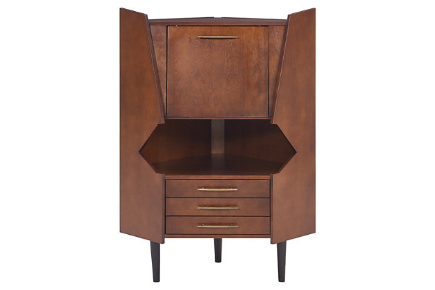 A swanky essential for the entertainer, this mid-century style bar cabinet brings back cocktail hour in a nifty way. Showcasing all the retro elements you love, it includes a fold-down front for added counterspace, a trio of drawers for napkins and utensils and cubby space for liquor and glassware. Cheers to the mirrored interior wall, too.Made of engineered wood, birch wood and birch veneer | Dark tobacco finish | Black tapered legs | Fold-down front revealing countertop space | Antiqued brass-tone hardware | Mirrored interior back wall | 3 smooth-gliding drawers | Includes anti-tip hardware for stability | Assembly required | Assembly time frame is 45 to 60 min.