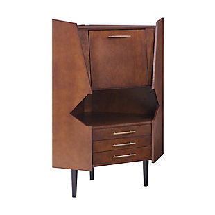 A swanky essential for the entertainer, this mid-century style bar cabinet brings back cocktail hour in a nifty way. Showcasing all the retro elements you love, it includes a fold-down front for added counterspace, a trio of drawers for napkins and utensils and cubby space for liquor and glassware. Cheers to the mirrored interior wall, too.Made of engineered wood, birch wood and birch veneer | Dark tobacco finish | Black tapered legs | Fold-down front revealing countertop space | Antiqued brass-tone hardware | Mirrored interior back wall | 3 smooth-gliding drawers | Includes anti-tip hardware for stability | Assembly required | Assembly time frame is 45 to 60 min.