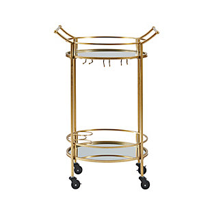 Mixing industrial design with modern flair, the Mayer round bar cart is sure to impress. Showcasing a tubular silhouette cast in a goldtone finish, this charming design features a mirrored shelf with wine glass holders overtop a bottom mirrored shelf with wine bottle holders. Dual handles and wheels allow you to easily transport from room to room, making this home accent perfect for your dining or lounge area.Made of iron and mirrored glass | Goldtone base with gold leaf finish | 2 mirrored shelves | Top shelf with 3 wine glass holders;bottom shelf with 3 wine bottle holders | Casters for easy mobility | 2 handles for easy transport | Diameter of top and shelf: 17.5" | Assembly required