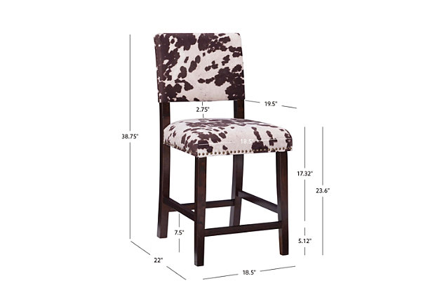 The Wes cow print bar stool has a classic traditional style accented with transitional flair. The stool has a bold cow print plush upholstered seat and back embellished with antique bronze-tone nailhead trim. The straight lined legs are finished in a Manhattan stain. Perfect for a kitchen counter, bar or island.Made of wood and mdf | Ca fire foam cushioned seat | Antique bronze-tone nailhead trim | Manhattan stain finish | Microfiber udder nadness brown fabric | Seat dimensions: 24" seat height, 18.74" x 19.76" x 4.53" | 275 lb. Weight limit | Assembly required