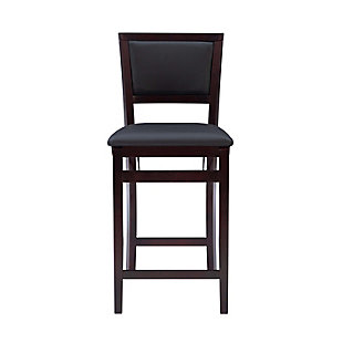 This high-style folding stool adds an extra dash of elegance to your dining or entertaining arrangement. The wood frame features a comfy padded seat and back and easy-clean vinyl upholstery with a leather look. Front and rear supports provide extra stability. This space-saving stool folds for easy setup and storage.Made of plywood, rubberwood and pvc | Rich espresso finish | Dark brown vinyl padded seat with ca fire foam | Folds for easy set up and storage | Front and rear supports provide extra stability | Seat dimensions: 24" seat height, 15.35" x 16.93" x 1.77" | Counter height | Fully assembled
