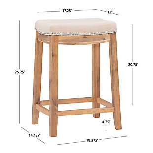 The Perry acacia counter stool will add stylish seating to any counter or high top table. The sturdy wood frame has a rustic acacia finish accented by a natural linen upholstered seat. Shiny silvertone nailhead trim makes for an eye-catching detail.Made of acacia wood | Rustic acacia brown finish | Natural linen seat | Shiny silvertone nailhead trim | Counter seat height: 24" | 275 lb. Weight limit | Foam cushion | Assembly required
