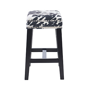 Be moooved by the beauty of Monroe stool. Crafted of sturdy wood in a black finish, this backless stool is accentuated with a bold black cow print wrapping the comfy cushioned seat. Shiny silvertone nailhead trim is a tasteful embellishment. Four footrails provide added stability. Counter height.Made of wood | Counter stool | Foam cushioned seat | Black cow print upholstery | Black finish | Shiny silvertone nailhead trim | Seat height 24.5" | Assembly required