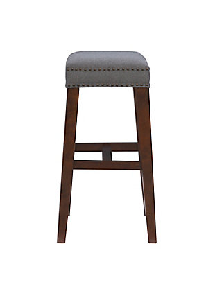Timeless and versatile, the Monroe stool is a stylish addition to a kitchen or bar. Crafted of sturdy wood in a walnut finish, this backless stool caters to your comfort with a cushioned seat covered in a solid gray plush upholstery and embellished with antique brass-tone nailhead trim. Four footrails provide added stability. Bar height.Made of wood | Bar stool | Backless design | Gray upholstered seat | Walnut finish | Antique brass-tone nailhead trim | Seat height 30.5" | Assembly required