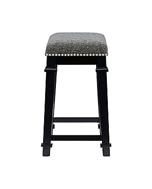 Add timeless style and cozy comfort to your counter or high top table with the Kennedy backless stool. Crafted from sturdy wood in a dramatic black finish, the stool features splayed legs accented by decorative wood trim. The seat is upholstered in a black and white tweed fabric and embellished with shiny silvertone nailheads. Counter height.Made of wood | Counter stool | Black finish | Black and white tweed fabric seat | Shiny silvertone nailhead trim | Seat height 25" | Foam cushion | Assembly required