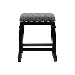 Add timeless style and cozy comfort to your counter or high top table with the Kennedy backless stool. Crafted from sturdy wood in a dramatic black finish, the stool features splayed legs accented by decorative wood trim. The seat is upholstered in a black and white tweed fabric and embellished with shiny silvertone nailheads. Counter height.Made of wood | Counter stool | Black finish | Black and white tweed fabric seat | Shiny silvertone nailhead trim | Seat height 25" | Foam cushion | Assembly required