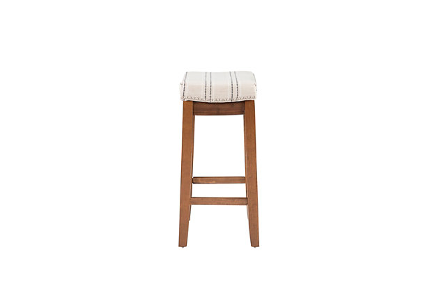 The Claridge Cognac counter stool will add stylish seating to any counter or high top table. The sturdy wood frame has a dark espresso finish accented by a cognac vinyl upholstered seat. Antique bronze-tone nailhead trim and accent stitching in a patchwork pattern lend eye-catching detail.Made of wood | Dark espresso finish | Antique bronze-tone nailhead trim | Cognac vinyl upholstered seat | 24" seat height | 275 lb. weight limit | Foam cushion | Assembly required