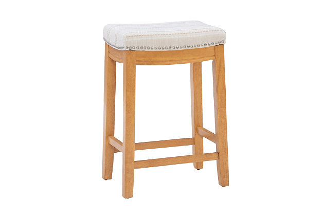 The Claridge counter stool will add stylish seating to any counter or high top table. The sturdy wood frame has a rustic brown finish accented by a neutral striped polyester linen blend covering the cushioned seat. Brushed silvertone nailhead trim adds an eye-catching detail.Made of wood | Rustic finish | Brushed silvertone nailhead trim | Counter height | Seat dimensions: 24" seat height, 16.93" x 11.81" x 2.76" | 275 pound weight limit | Foam cushion | Assembly required