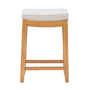 The Claridge counter stool will add stylish seating to any counter or high top table. The sturdy wood frame has a rustic brown finish accented by a neutral striped polyester linen blend covering the cushioned seat. Brushed silvertone nailhead trim adds an eye-catching detail. Made of wood | Rustic finish | Brushed silvertone nailhead trim | Counter height | Seat dimensions: 24" seat height, 16.93" x 11.81" x 2.76" | 275 pound weight limit | Foam cushion | Assembly required