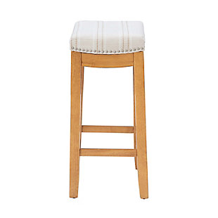 The Claridge counter stool will add stylish seating to any counter or high top table. The sturdy wood frame has a rustic brown finish accented by a neutral striped polyester linen blend covering the cushioned seat. Brushed silvertone nailhead trim adds an eye-catching detail.Made of wood | Rustic finish | Brushed silvertone nailhead trim | Counter height | Seat dimensions: 24" seat height, 16.93" x 11.81" x 2.76" | 275 pound weight limit | Foam cushion | Assembly required
