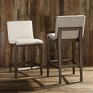 Take modern comfort to a new level with this beautifully upholstered bar stool that's quality built with a walnut-tone birch wood frame with a contrasting brushed nickel-tone metal kick plate. Rest assured, this cool, contemporary bar stool with neutral, linen blended fabric is sure to be a savory addition to your kitchen or dining area. Solid birch frame with light walnut finish | Plywood; foam padded seat | Neutral, linen-blend fabric | Brushed nickel-tone metal kick plate  | 26" height | Assembly required