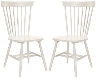 Inspired by the classic Windsor chair, the Robbin Chair (sold in a set of two) is updated with fresh colors for casual dining rooms and kitchens. Crafted with 100% Malaysian Oak in an off white painted finish, it brings timeless, sculptural elegance to any space.Dust regularly with a soft, dry cloth. Never use oiled or treated cloths on lacquered finishes. Some finishes can be wiped with a damp (not wet) cloth, followed at once by rubbing with a dry cloth to remove fingerprints and smudges. For persistent spots, gently clean with a soft cloth and a solution of water and mild soap, make sure to wipe dry. Use adhesive felt pads, coasters and placemats to protect your furniture. | Sold as a set of two