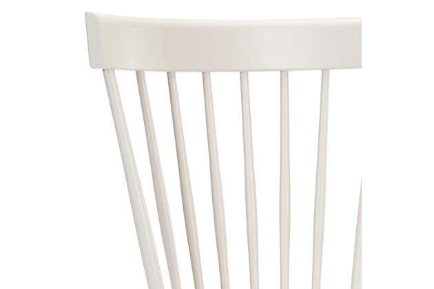 Inspired by the classic Windsor chair, the Robbin Chair (sold in a set of two) is updated with fresh colors for casual dining rooms and kitchens. Crafted with 100% Malaysian Oak in an off white painted finish, it brings timeless, sculptural elegance to any space.Dust regularly with a soft, dry cloth. Never use oiled or treated cloths on lacquered finishes. Some finishes can be wiped with a damp (not wet) cloth, followed at once by rubbing with a dry cloth to remove fingerprints and smudges. For persistent spots, gently clean with a soft cloth and a solution of water and mild soap, make sure to wipe dry. Use adhesive felt pads, coasters and placemats to protect your furniture. | Sold as a set of two