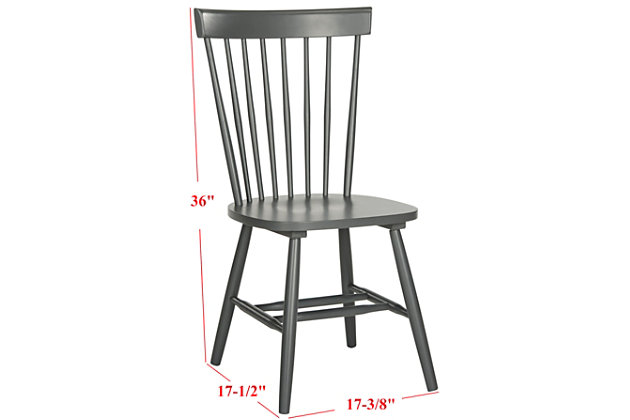 Inspired by the classic Windsor chair, the Robbin Chair (sold in a set of two) is updated with fresh colors for casual dining rooms and kitchens. Crafted with 100% Malaysian Oak in charcoal grey painted finish, it brings timeless, sculptural elegance to any space.Dust regularly with a soft, dry cloth. Never use oiled or treated cloths on lacquered finishes. Some finishes can be wiped with a damp (not wet) cloth, followed at once by rubbing with a dry cloth to remove fingerprints and smudges. For persistent spots, gently clean with a soft cloth and a solution of water and mild soap, make sure to wipe dry. Use adhesive felt pads, coasters and placemats to protect your furniture. | Sold as a set of two