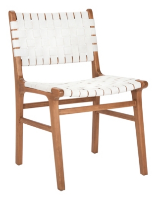 Front-facing white woven dining chair with wooden frame