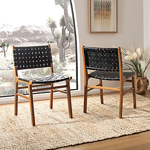 Lattice Woven Leather Dining Chair (Set of 2), Black/Natural, rollover