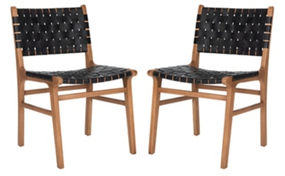 Lattice Woven Leather Dining Chair (Set of 2), Black/Natural, large