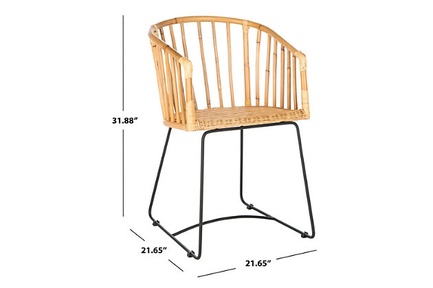 This contemporary rattan barrel dining chair is the natural choice to instantly upgrade any dining room. Designed to highlight its beautiful rattan texture, its barrel-style back offers a blend of comfort and style. Black metal legs give it a mod edge.Dust regularly with a soft, dry cloth. Never use oiled or treated cloths on lacquered finishes. Some finishes can be wiped with a damp (not wet) cloth, followed at once by rubbing with a dry cloth to remove fingerprints and smudges. For persistent spots, gently clean with a soft cloth and a solution of water and mild soap, make sure to wipe dry. Use adhesive felt pads, coasters and placemats to protect your furniture. | 0