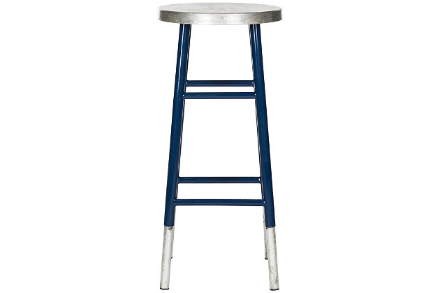 Elevate home entertaining with this contemporary counter stool. Always in good taste, its chic navy finish is the perfect canvas for its radiant silver-dipped legs and seat. Lending an aura of glamour to any occasion, it’s ideal for the urban interior.Dust regularly with a soft, dry cloth. Never use oiled or treated cloths on lacquered finishes. Some finishes can be wiped with a damp (not wet) cloth, followed at once by rubbing with a dry cloth to remove fingerprints and smudges. For persistent spots, gently clean with a soft cloth and a solution of water and mild soap, make sure to wipe dry. Use adhesive felt pads, coasters and placemats to protect your furniture. | 0