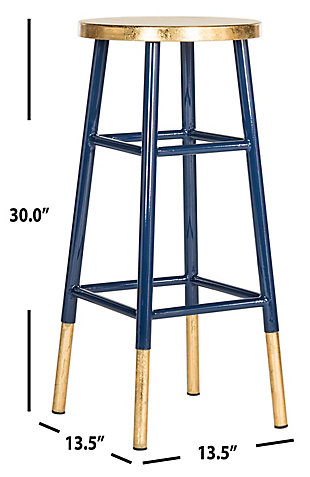 A colorful addition to a kitchen island or family room bar, this timeless bar stool is spruced up with a combination of navy blue lacquer and gold trim on leg caps and seat. This sturdy classic is crafted of iron with foot rest and cross bars for support.Dust regularly with a soft, dry cloth. Never use oiled or treated cloths on lacquered finishes. Some finishes can be wiped with a damp (not wet) cloth, followed at once by rubbing with a dry cloth to remove fingerprints and smudges. For persistent spots, gently clean with a soft cloth and a solution of water and mild soap, make sure to wipe dry. Use adhesive felt pads, coasters and placemats to protect your furniture. | 0