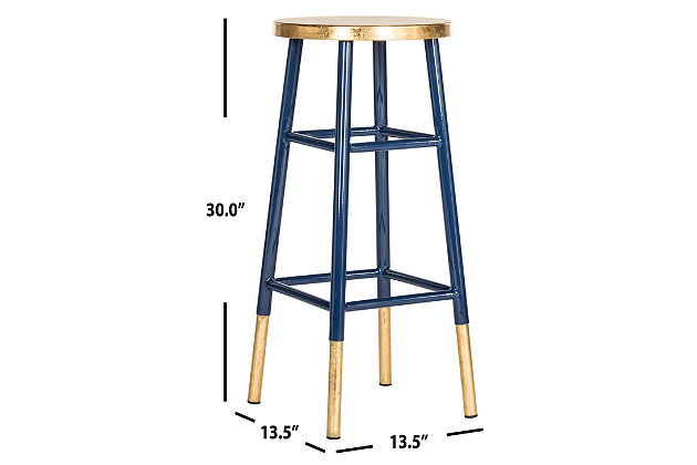 A colorful addition to a kitchen island or family room bar, this timeless bar stool is spruced up with a combination of navy blue lacquer and gold trim on leg caps and seat. This sturdy classic is crafted of iron with foot rest and cross bars for support.Dust regularly with a soft, dry cloth. Never use oiled or treated cloths on lacquered finishes. Some finishes can be wiped with a damp (not wet) cloth, followed at once by rubbing with a dry cloth to remove fingerprints and smudges. For persistent spots, gently clean with a soft cloth and a solution of water and mild soap, make sure to wipe dry. Use adhesive felt pads, coasters and placemats to protect your furniture. | 0