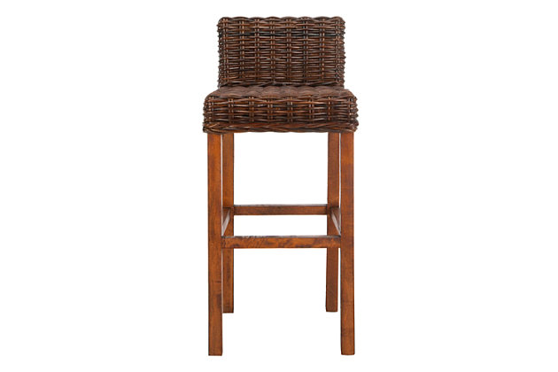 Equally at home in country, coastal or traditional interiors, the Porto Barstool offers a taste of the islands with its rich cappuccino brown woven crocodile rattan seat and back. With its sturdy Mango wood straight-legged charm, the Porto will provide functional fashion for your indoor seating at bar, counter or pub table. No assembly required.Dust regularly with a soft, dry cloth. Never use oiled or treated cloths on lacquered finishes. Some finishes can be wiped with a damp (not wet) cloth, followed at once by rubbing with a dry cloth to remove fingerprints and smudges. For persistent spots, gently clean with a soft cloth and a solution of water and mild soap, make sure to wipe dry. Use adhesive felt pads, coasters and placemats to protect your furniture. | 0