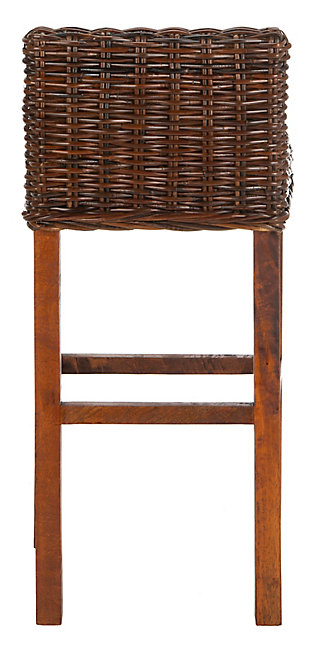 Equally at home in country, coastal or traditional interiors, the Porto Barstool offers a taste of the islands with its rich cappuccino brown woven crocodile rattan seat and back. With its sturdy Mango wood straight-legged charm, the Porto will provide functional fashion for your indoor seating at bar, counter or pub table. No assembly required.Dust regularly with a soft, dry cloth. Never use oiled or treated cloths on lacquered finishes. Some finishes can be wiped with a damp (not wet) cloth, followed at once by rubbing with a dry cloth to remove fingerprints and smudges. For persistent spots, gently clean with a soft cloth and a solution of water and mild soap, make sure to wipe dry. Use adhesive felt pads, coasters and placemats to protect your furniture. | 0