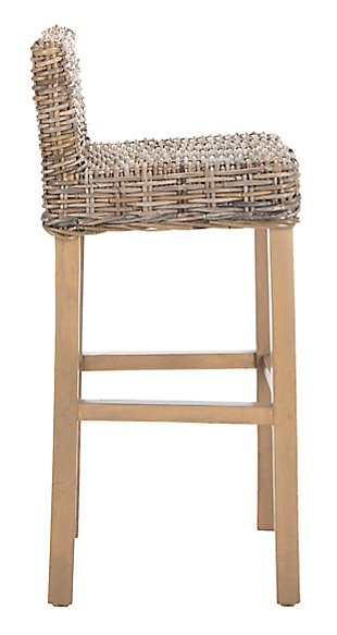 Equally at home in country, coastal or traditional interiors, the Porto Barstool offers a taste of the islands with its weathered light oak woven Kubu rattan seat and straight-legged charm. With its sturdy Mango wood frame, the Porto will provide functional fashion for your indoor seating at bar, counter or pub table. No assembly required.Dust regularly with a soft, dry cloth. Never use oiled or treated cloths on lacquered finishes. Some finishes can be wiped with a damp (not wet) cloth, followed at once by rubbing with a dry cloth to remove fingerprints and smudges. For persistent spots, gently clean with a soft cloth and a solution of water and mild soap, make sure to wipe dry. Use adhesive felt pads, coasters and placemats to protect your furniture. | 0